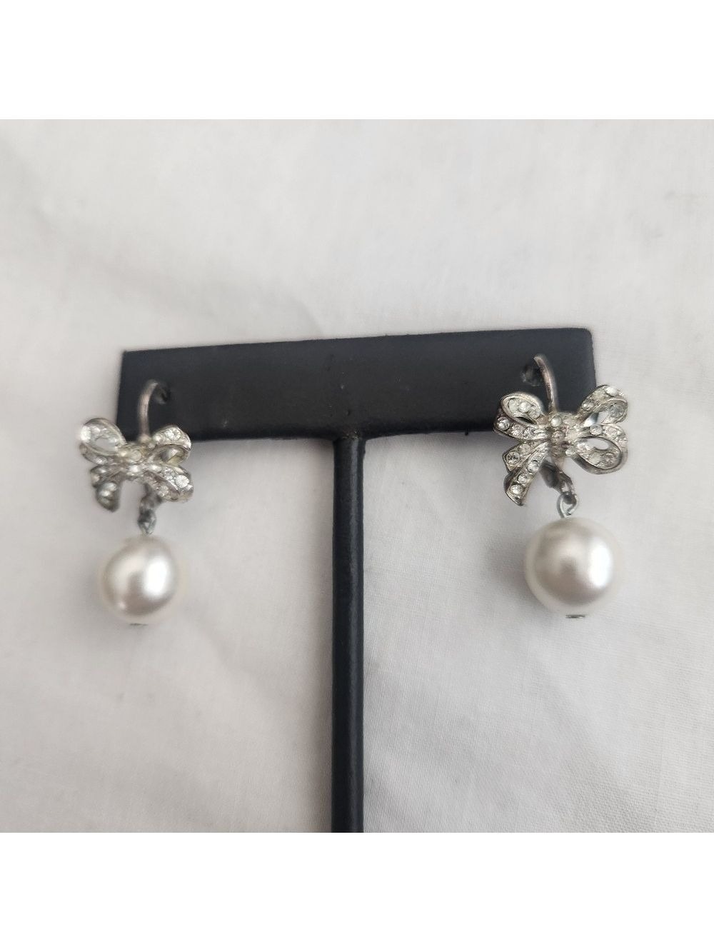 Vintage Faux Pearl Rhinestone Bow Earrings Silver French Wires